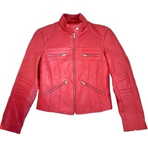 Red Leather Moto Jacket, Oscar Leopold, Quilted Lining, Women’s Sz Large